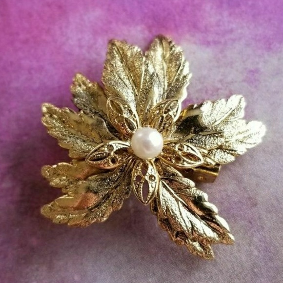 Vintage brooch Real pearl golden leaves vintage leaf fall autumn nature - Picture 1 of 4